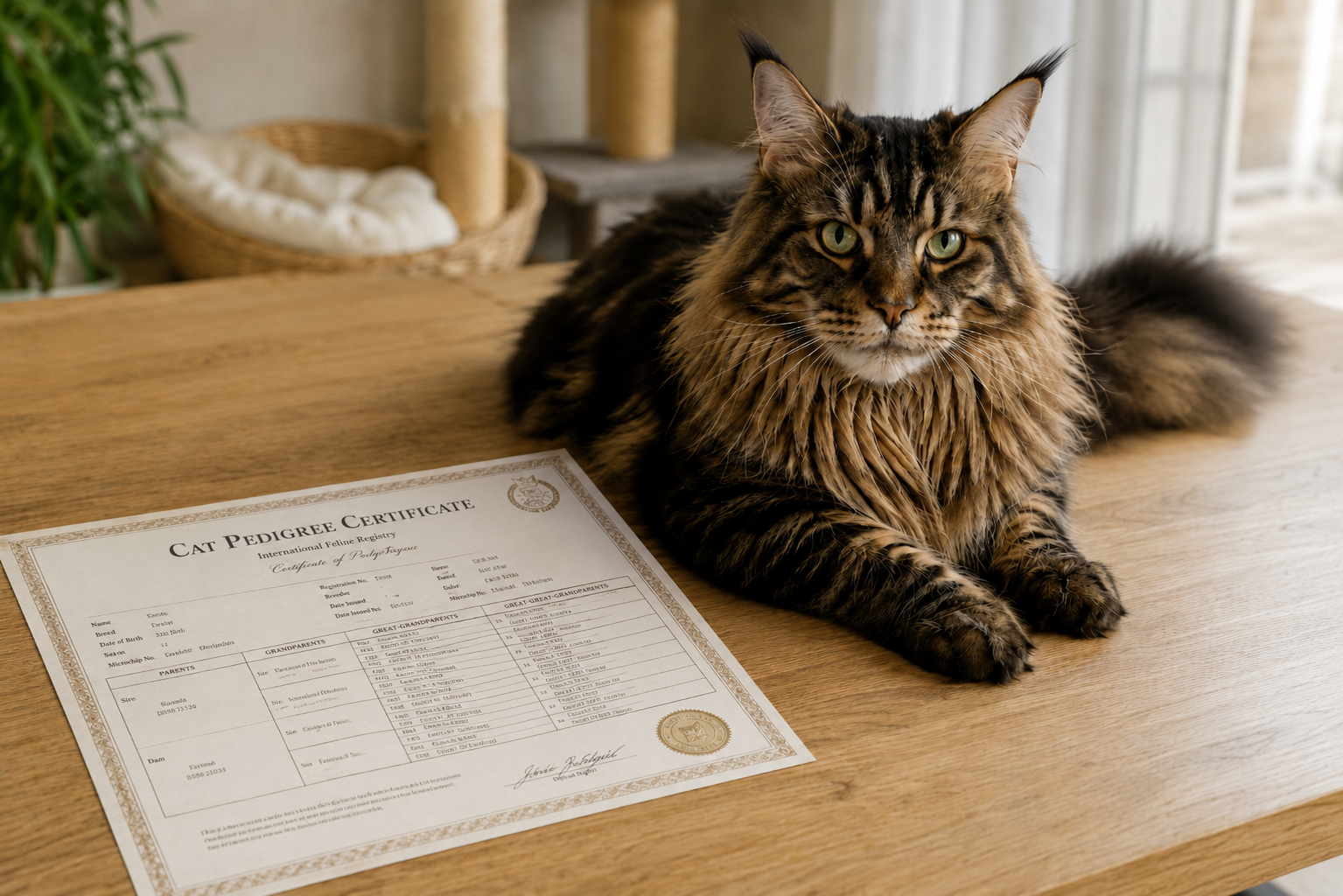 Maine Coon neben einem Stammbaum-Dokument