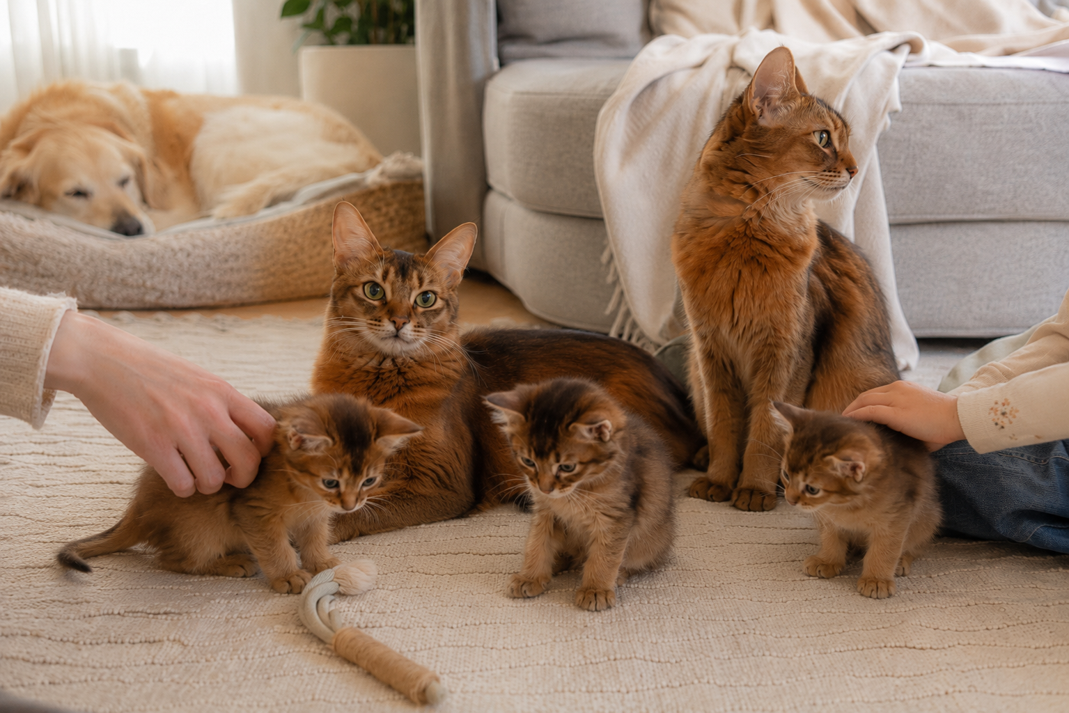 Somali Katzen und Kitten in familiärer Umgebung