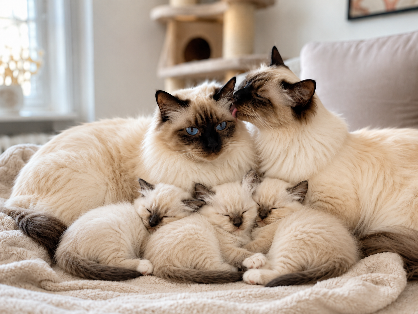 Heilige Birma Katzenfamilie mit schlafenden Kitten